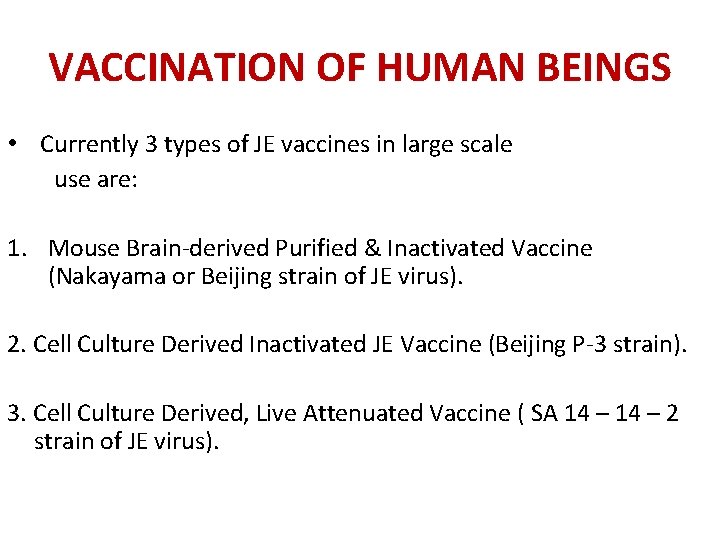 VACCINATION OF HUMAN BEINGS • Currently 3 types of JE vaccines in large scale