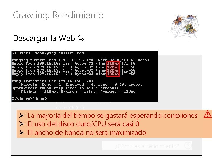 Crawling: Rendimiento Descargar la Web crawl(list seed. Urls) frontier_i = seed. Urls new set