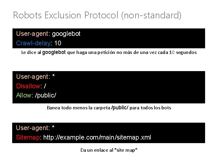 Robots Exclusion Protocol (non-standard) User-agent: googlebot Crawl-delay: 10 Le dice al googlebot que haga