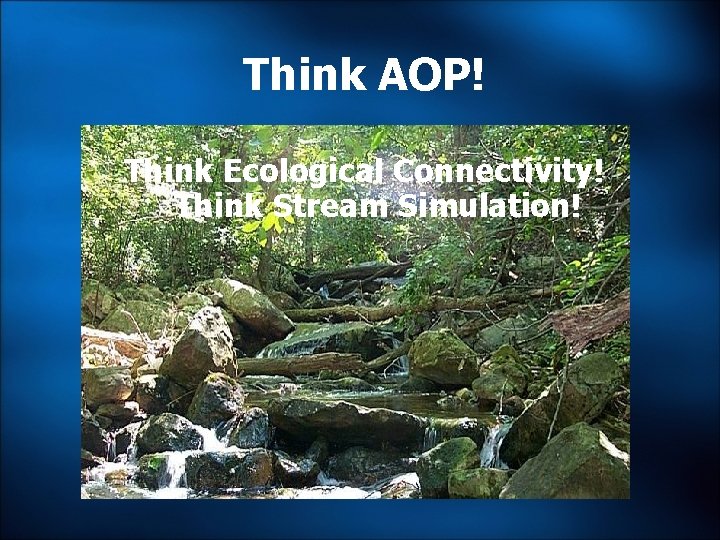 Think AOP! Think Ecological Connectivity! Think Stream Simulation! Think AOP! Think Ecological Connectivity! Think Stream Simulation!