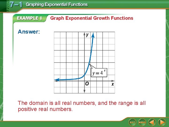 Graph Exponential Growth Functions Answer: The domain is all real numbers, and the range