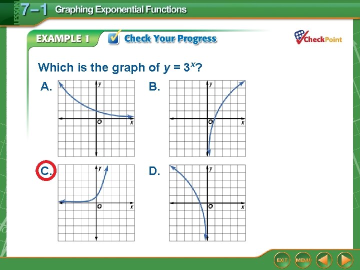 Which is the graph of y = 3 x? A. B. C. D. 