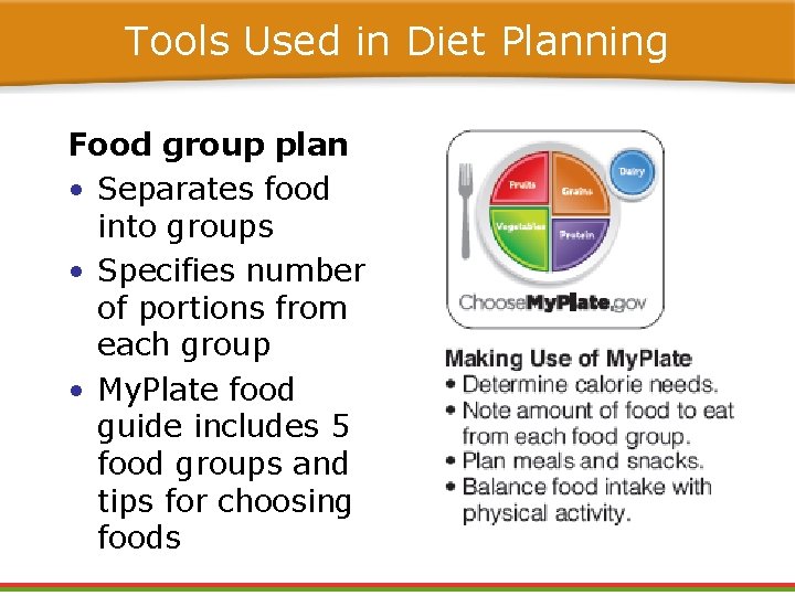 Tools Used in Diet Planning Food group plan • Separates food into groups • Tools Used in Diet Planning Food group plan • Separates food into groups •