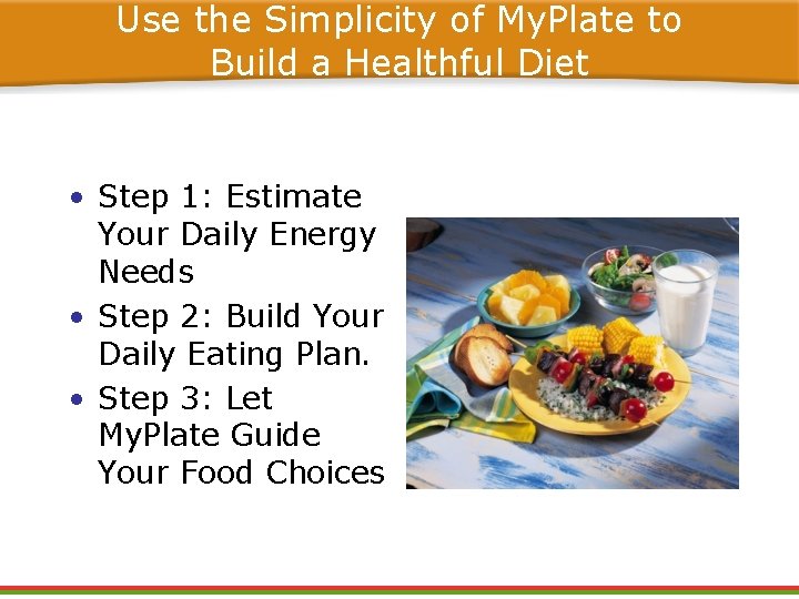 Use the Simplicity of My. Plate to Build a Healthful Diet • Step 1: Use the Simplicity of My. Plate to Build a Healthful Diet • Step 1: