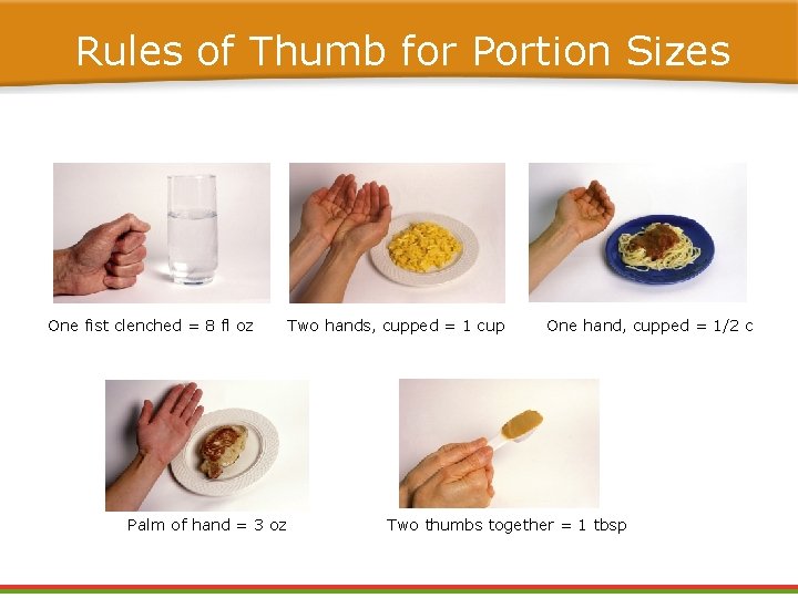 Rules of Thumb for Portion Sizes One fist clenched = 8 fl oz Palm Rules of Thumb for Portion Sizes One fist clenched = 8 fl oz Palm