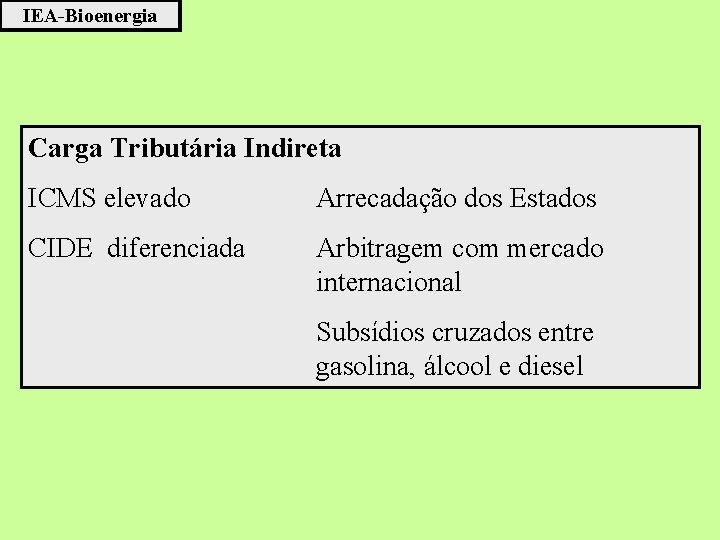 IEA-Bioenergia Carga Tributária Indireta ICMS elevado Arrecadação dos Estados CIDE diferenciada Arbitragem com mercado