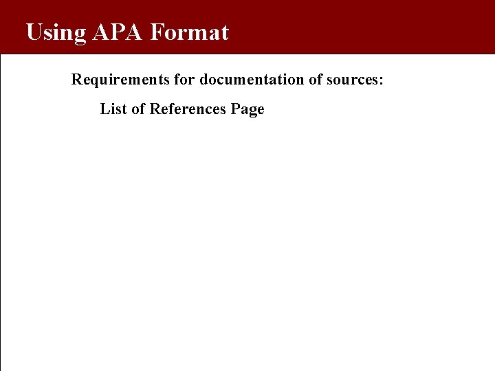Using APA Format Requirements for documentation of sources: List of References Page 