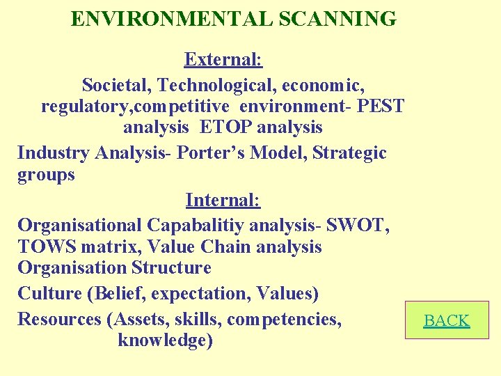 ENVIRONMENTAL SCANNING External: Societal, Technological, economic, regulatory, competitive environment- PEST analysis ETOP analysis Industry