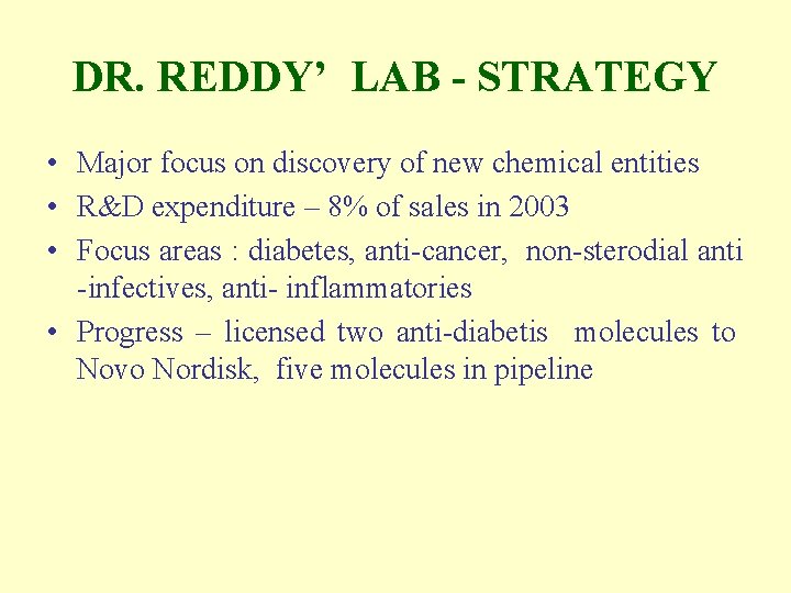 DR. REDDY’ LAB - STRATEGY • Major focus on discovery of new chemical entities