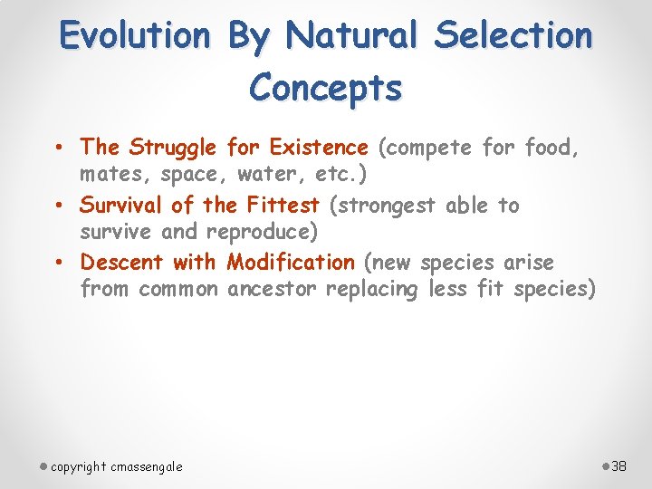 Evolution By Natural Selection Concepts • The Struggle for Existence (compete for food, mates,
