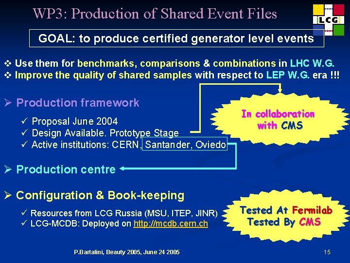 WP 3: Production of Shared Event Files GOAL: to produce certified generator level events
