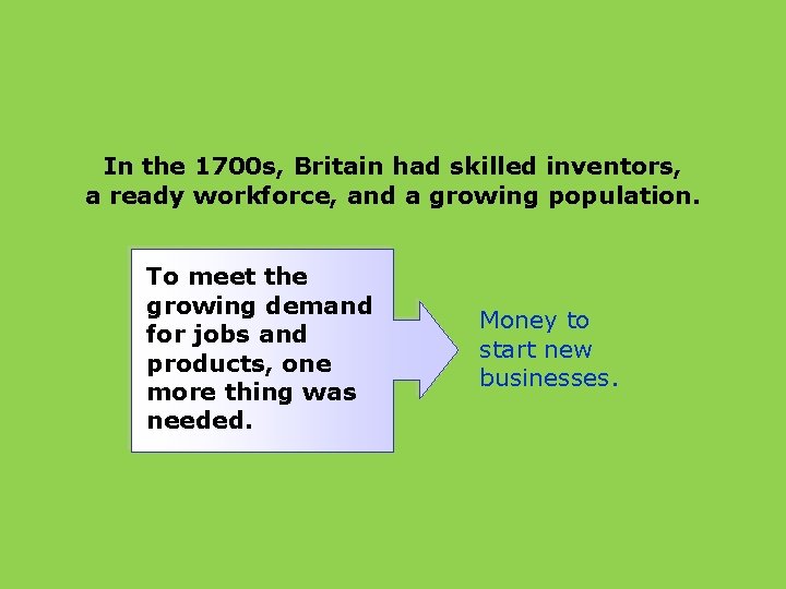 In the 1700 s, Britain had skilled inventors, a ready workforce, and a growing