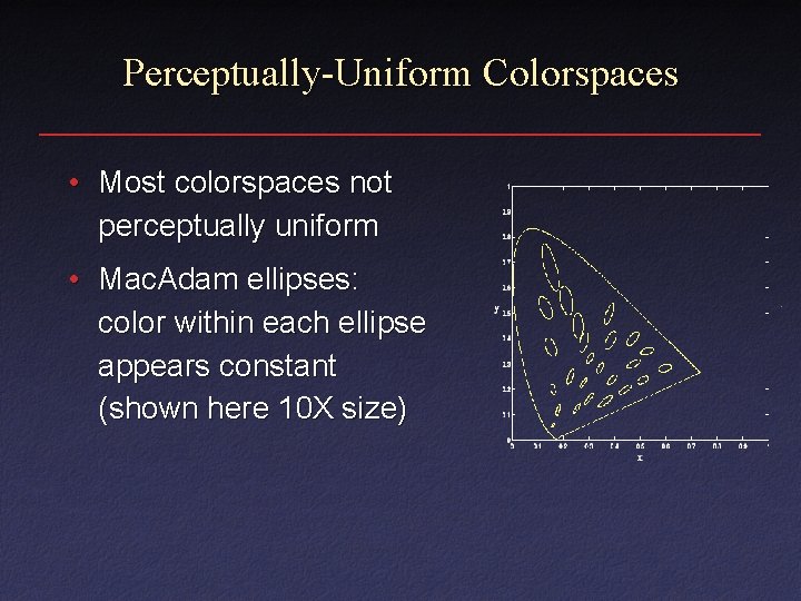 Perceptually-Uniform Colorspaces • Most colorspaces not perceptually uniform • Mac. Adam ellipses: color within Perceptually-Uniform Colorspaces • Most colorspaces not perceptually uniform • Mac. Adam ellipses: color within