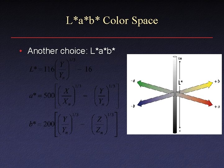 L*a*b* Color Space • Another choice: L*a*b* L*a*b* Color Space • Another choice: L*a*b*