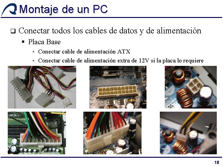 Montaje de un PC q Conectar todos los cables de datos y de alimentación