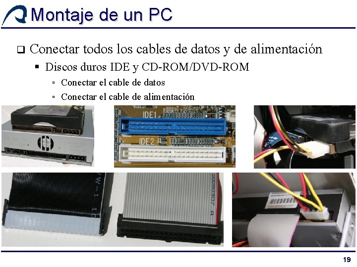 Montaje de un PC q Conectar todos los cables de datos y de alimentación