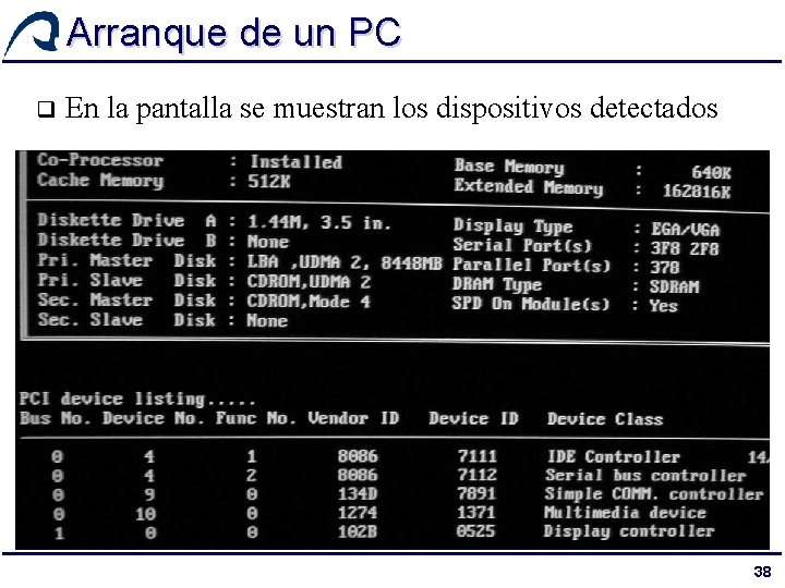 Arranque de un PC q En la pantalla se muestran los dispositivos detectados 38