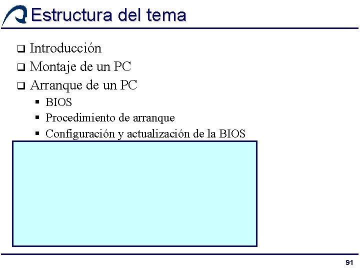 Estructura del tema Introducción q Montaje de un PC q Arranque de un PC