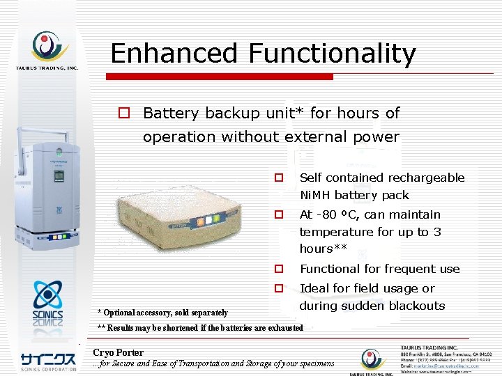 Enhanced Functionality o Battery backup unit* for hours of operation without external power *