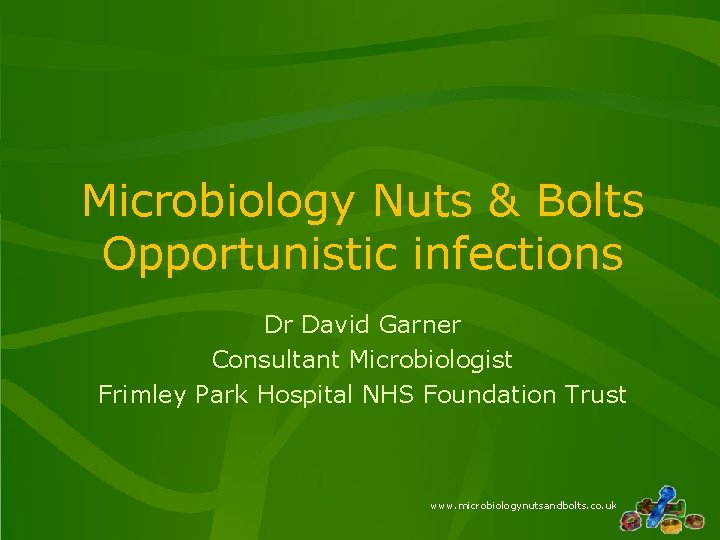 Microbiology Nuts & Bolts Opportunistic infections Dr David Garner Consultant Microbiologist Frimley Park Hospital