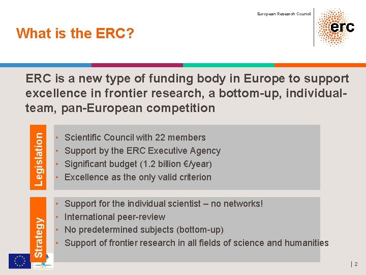 European Research Council What is the ERC? Strategy Legislation ERC is a new type