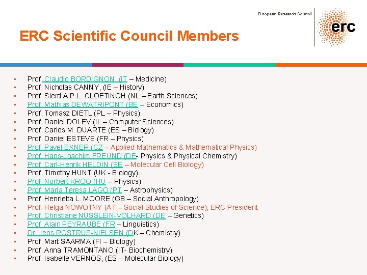 European Research Council ERC Scientific Council Members • • • • • • Prof.