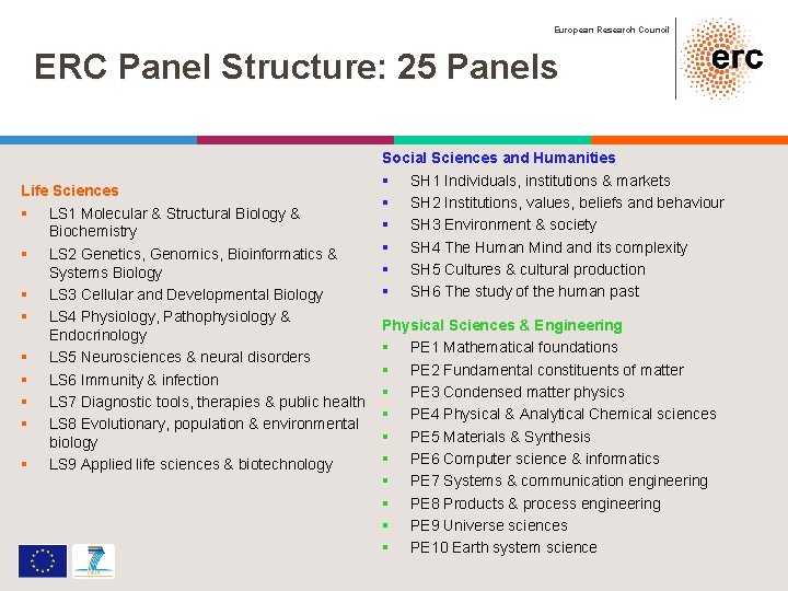 European Research Council ERC Panel Structure: 25 Panels Life Sciences LS 1 Molecular &