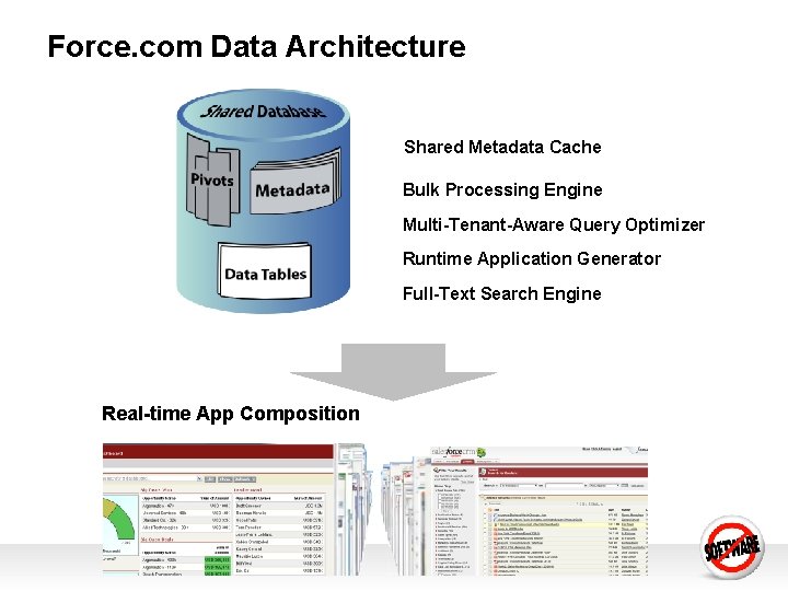 Force. com Data Architecture Shared Metadata Cache Bulk Processing Engine Multi-Tenant-Aware Query Optimizer Runtime Force. com Data Architecture Shared Metadata Cache Bulk Processing Engine Multi-Tenant-Aware Query Optimizer Runtime