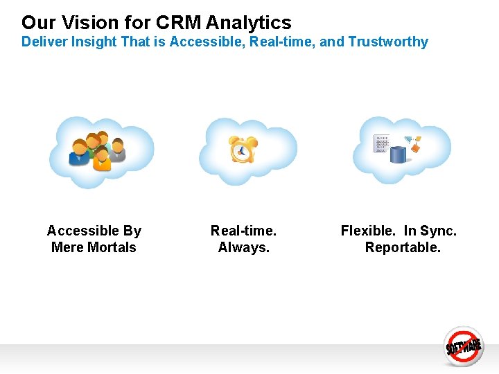 Our Vision for CRM Analytics Deliver Insight That is Accessible, Real-time, and Trustworthy Accessible Our Vision for CRM Analytics Deliver Insight That is Accessible, Real-time, and Trustworthy Accessible