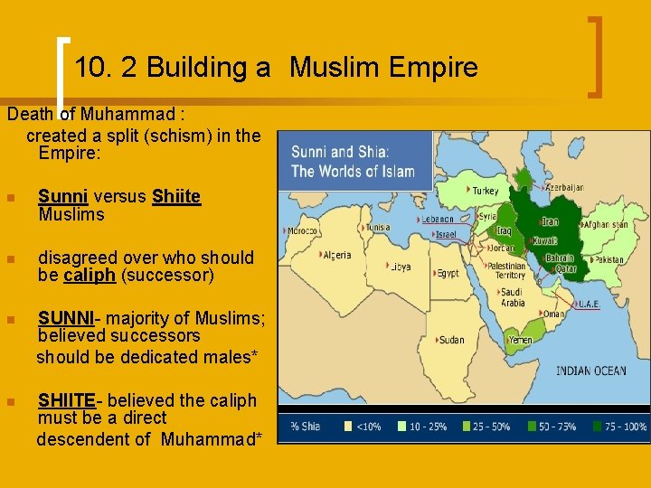 10. 2 Building a Muslim Empire Death of Muhammad : created a split (schism)