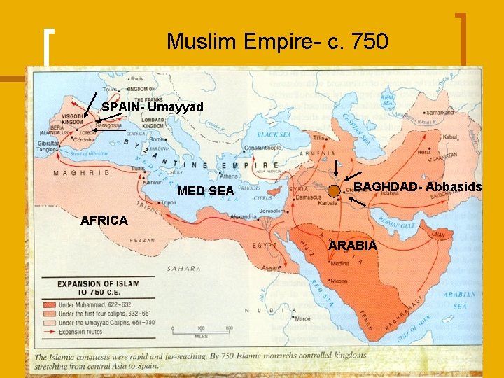 Muslim Empire- c. 750 SPAIN- Umayyad MED SEA BAGHDAD- Abbasids AFRICA ARABIA 