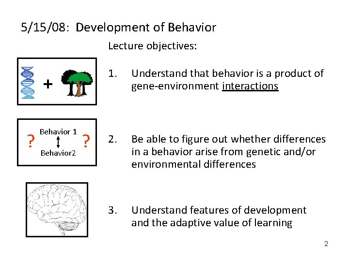 5/15/08: Development of Behavior Lecture objectives: + ? Behavior 1 Behavior 2 ? 1.