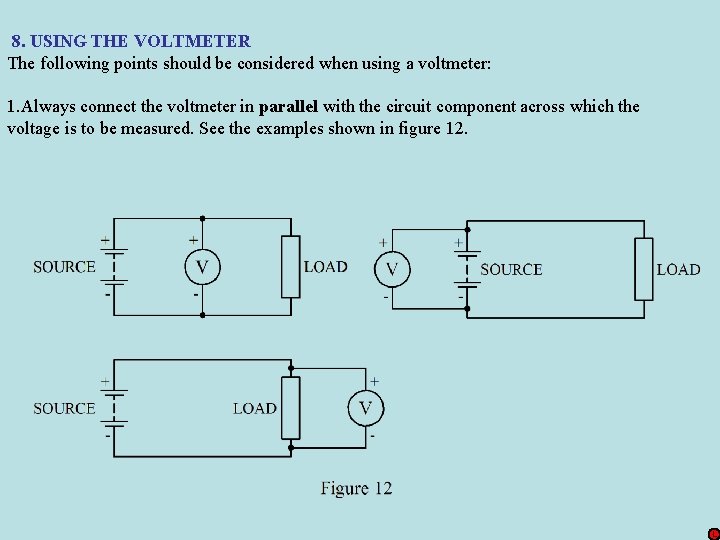 8. USING THE VOLTMETER The following points should be considered when using a voltmeter: