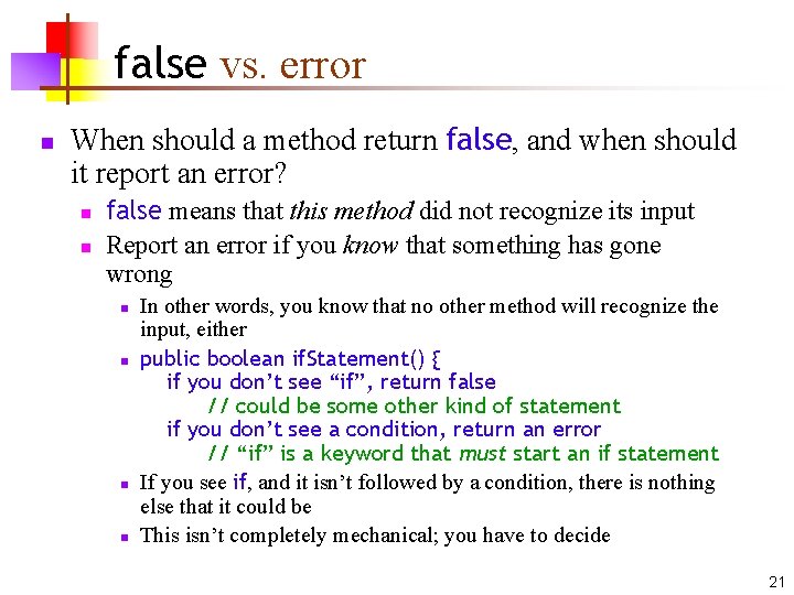 false vs. error n When should a method return false, and when should it