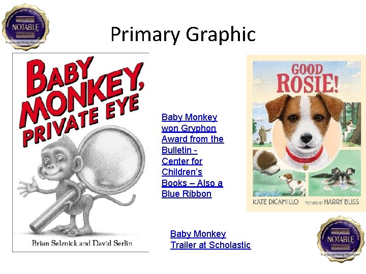 Primary Graphic Baby Monkey won Gryphon Award from the Bulletin Center for Children’s Books
