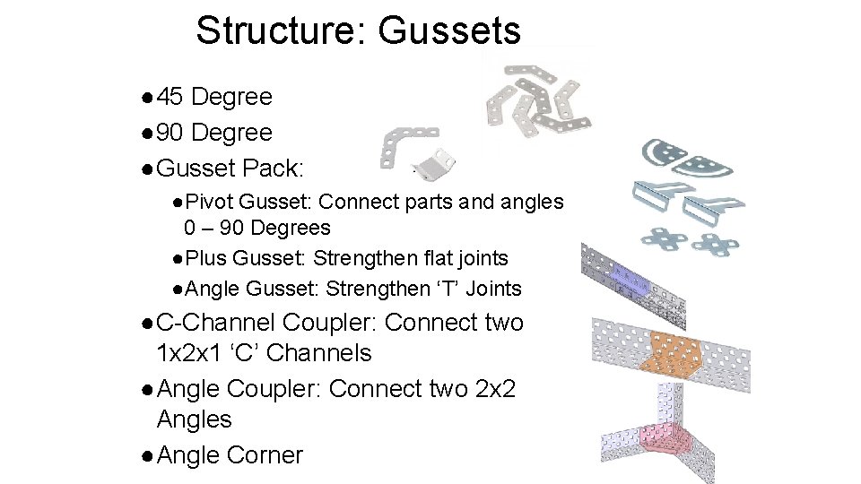 Structure: Gussets ● 45 Degree ● 90 Degree ●Gusset Pack: ●Pivot Gusset: Connect parts