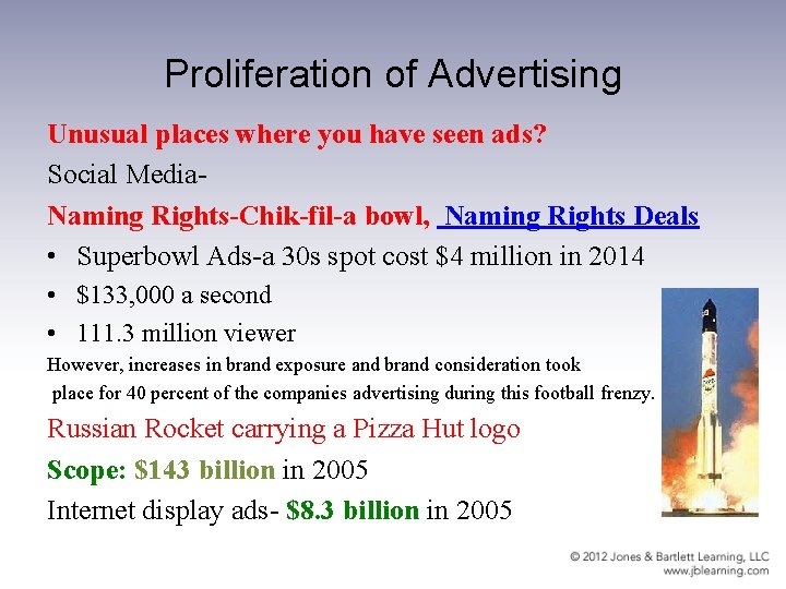 Proliferation of Advertising Unusual places where you have seen ads? Social Media. Naming Rights-Chik-fil-a