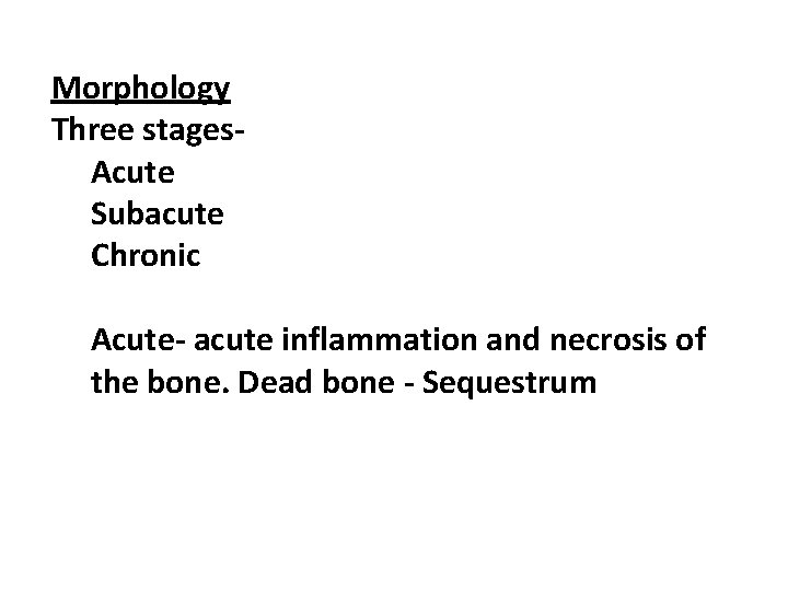 Morphology Three stages. Acute Subacute Chronic Acute- acute inflammation and necrosis of the bone.