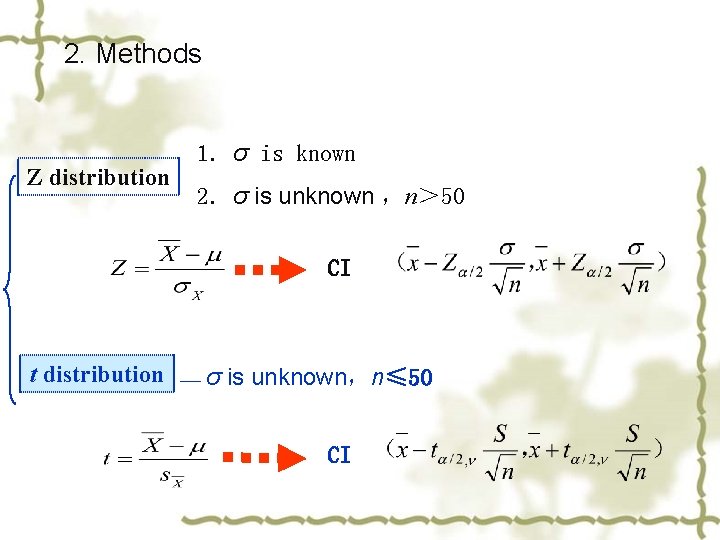 2. Methods Z distribution 1. σ is known 2. σ is unknown ，n＞ 50