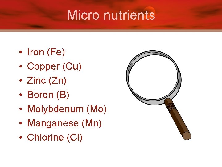 Micro nutrients • • Iron (Fe) Copper (Cu) Zinc (Zn) Boron (B) Molybdenum (Mo)