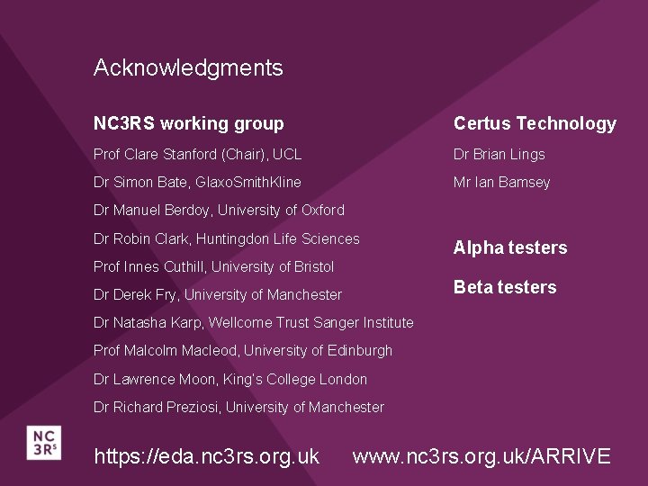 Acknowledgments NC 3 RS working group Certus Technology Prof Clare Stanford (Chair), UCL Dr