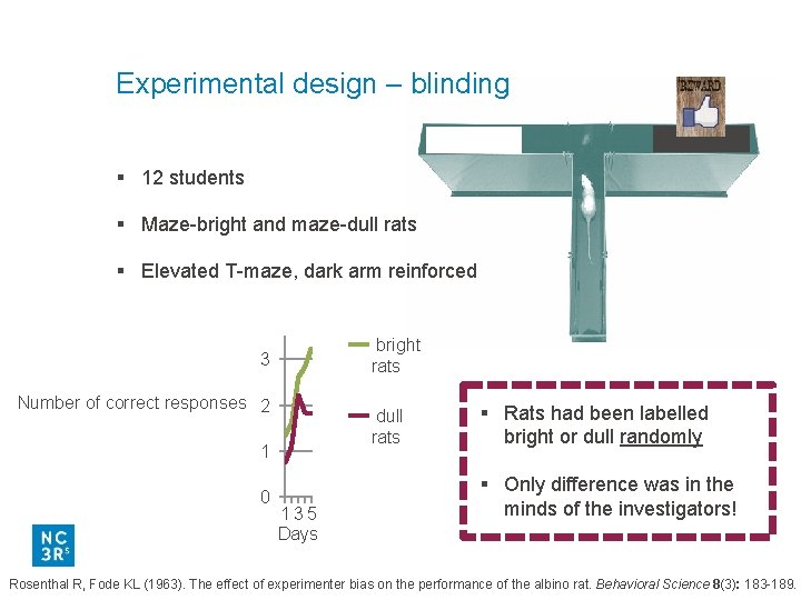 Experimental design – blinding § 12 students § Maze-bright and maze-dull rats § Elevated
