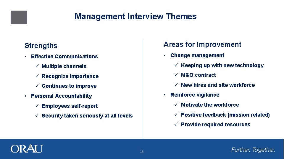 Management Interview Themes Strengths Areas for Improvement • Effective Communications • Change management ü