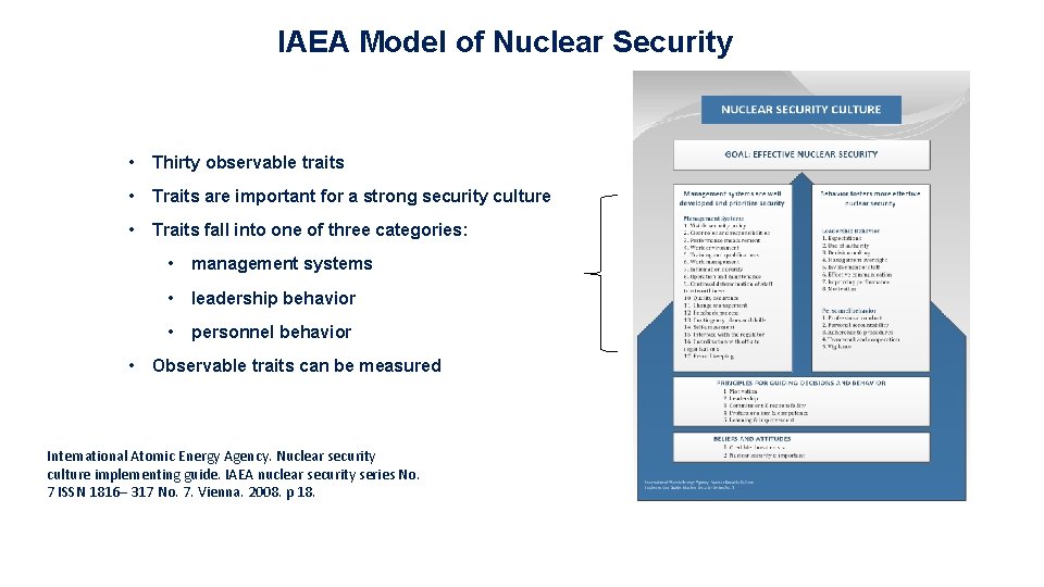 IAEA Model of Nuclear Security • Thirty observable traits • Traits are important for