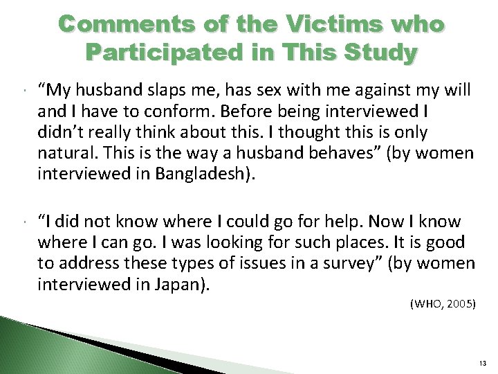 Comments of the Victims who Participated in This Study “My husband slaps me, has