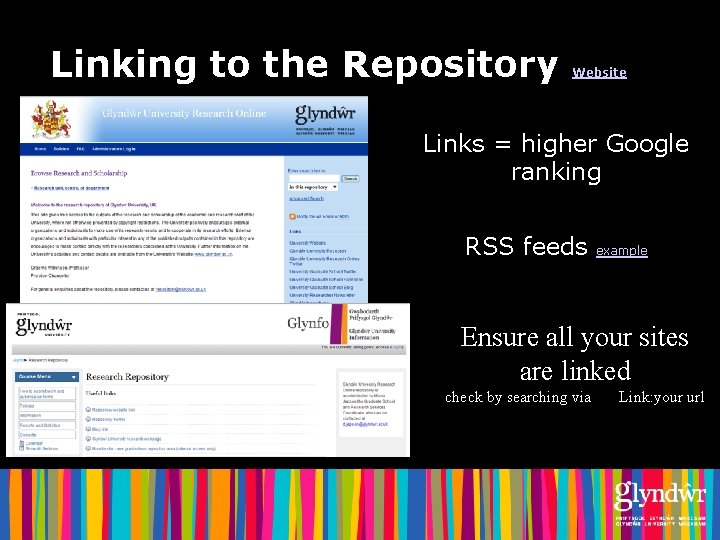 Linking to the Repository Website Links = higher Google ranking RSS feeds example Ensure