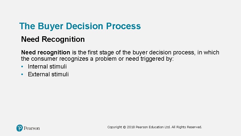 The Buyer Decision Process Need Recognition Need recognition is the first stage of the