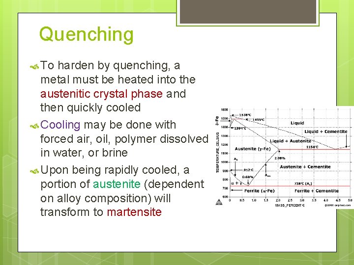 Quenching To harden by quenching, a metal must be heated into the austenitic crystal
