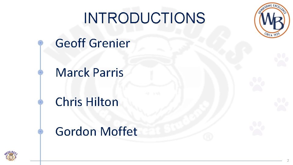 INTRODUCTIONS Geoff Grenier Marck Parris Chris Hilton Gordon Moffet 2 