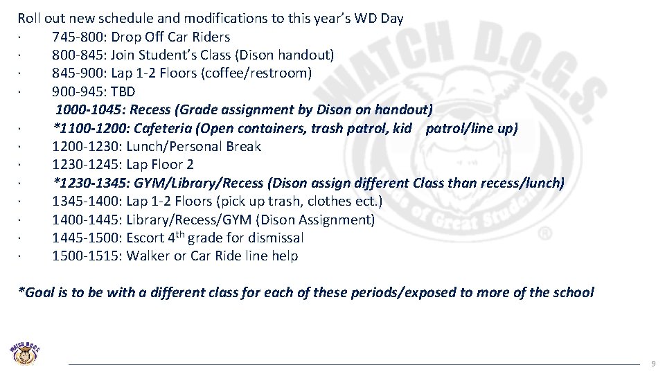 Roll out new schedule and modifications to this year’s WD Day · 745 -800: